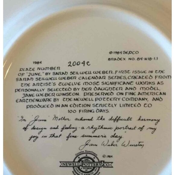Newell Pottery Co Sarah Weber Calendar Numbered Collector Plate JUNE‎ 1984 Sepco - Picture 10 of 12